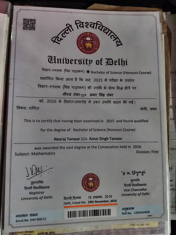 Verified degree or teaching certification of Neeraj
