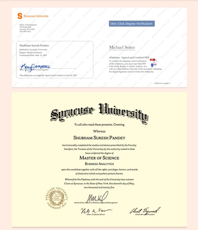 Verified degree or teaching certification of Shubham