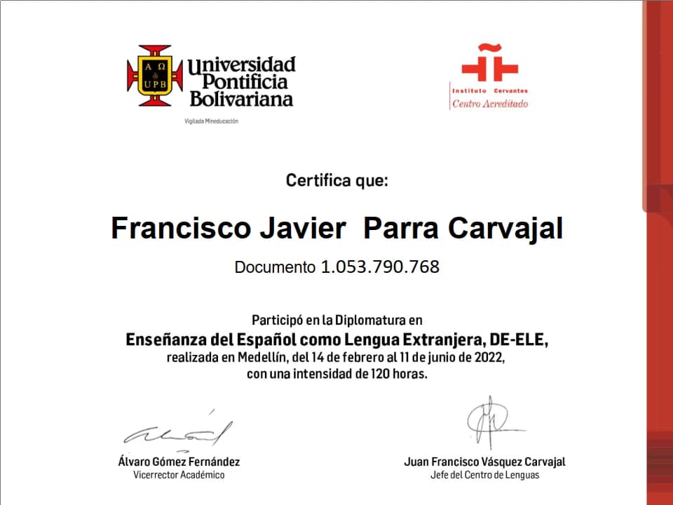 Verified degree or teaching certification of Francisco Javier