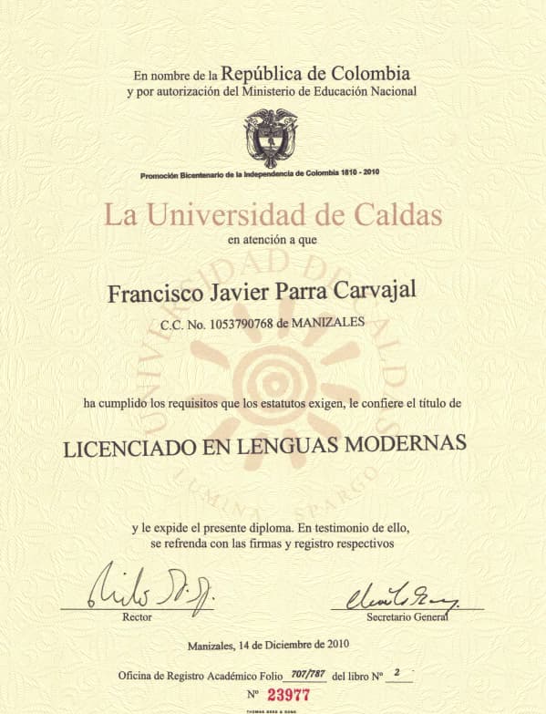 Verified degree or teaching certification of Francisco Javier