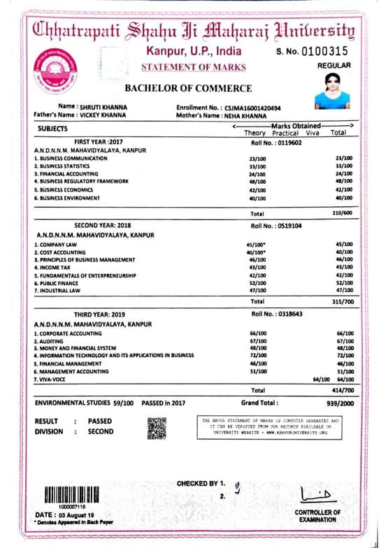 Verified degree or teaching certification of Shruti