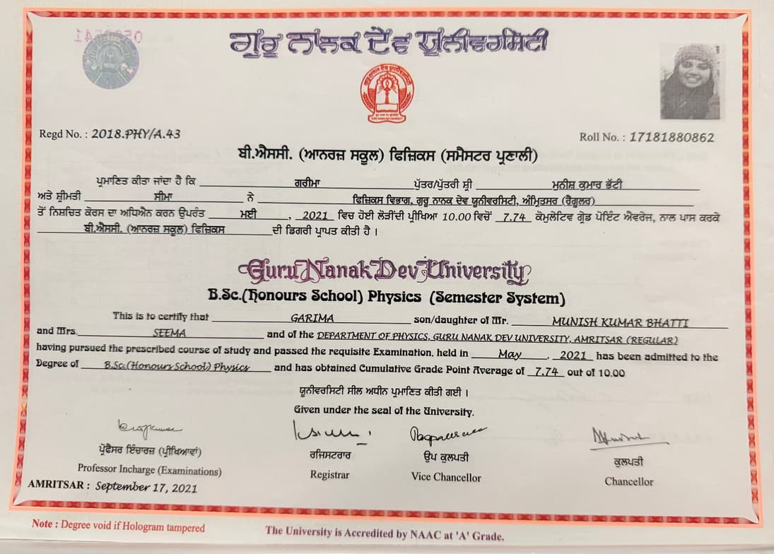 Verified degree or teaching certification of Garima