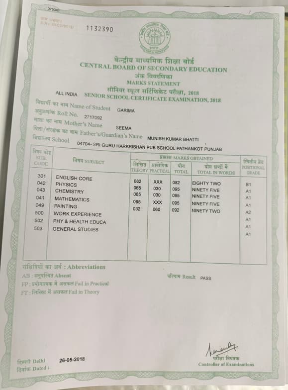 Verified degree or teaching certification of Garima