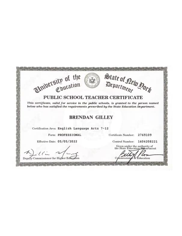 Verified degree or teaching certification of Brendan