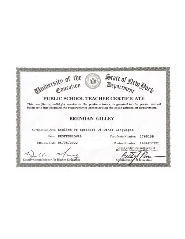 Verified degree or teaching certification of Brendan