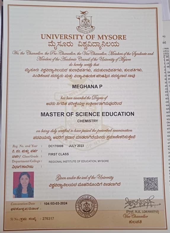 Verified degree or teaching certification of Meghana