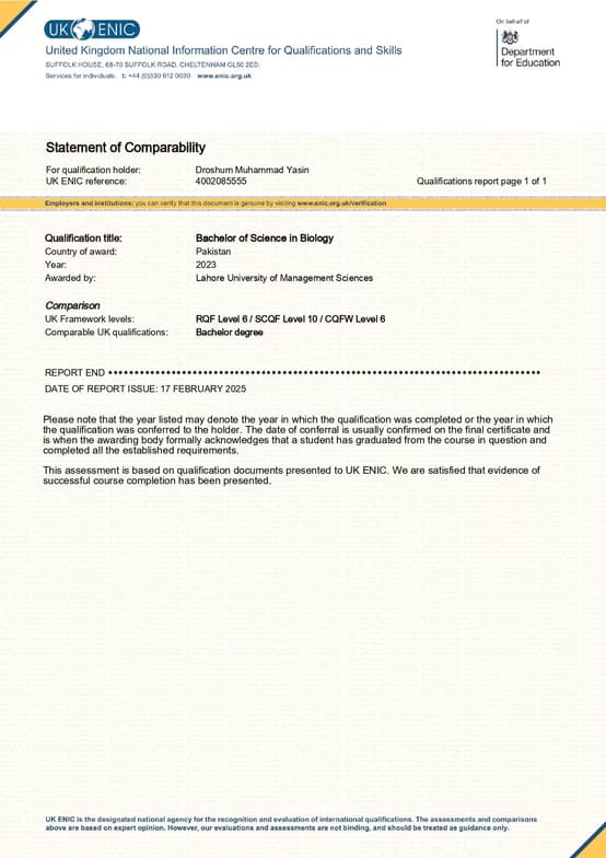 Verified degree or teaching certification of Droshum