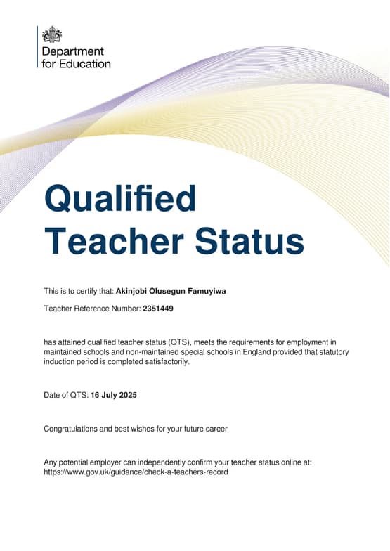 Verified degree or teaching certification of Akinjobi