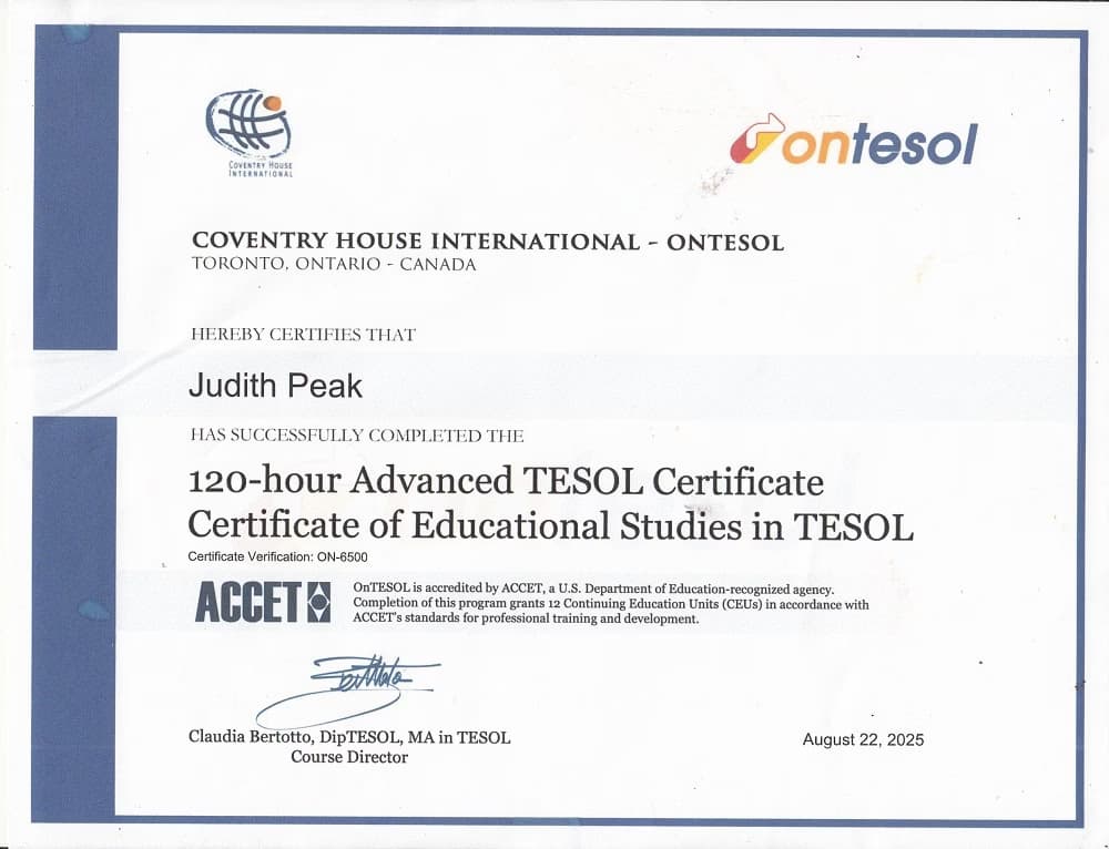 Verified degree or teaching certification of Judith