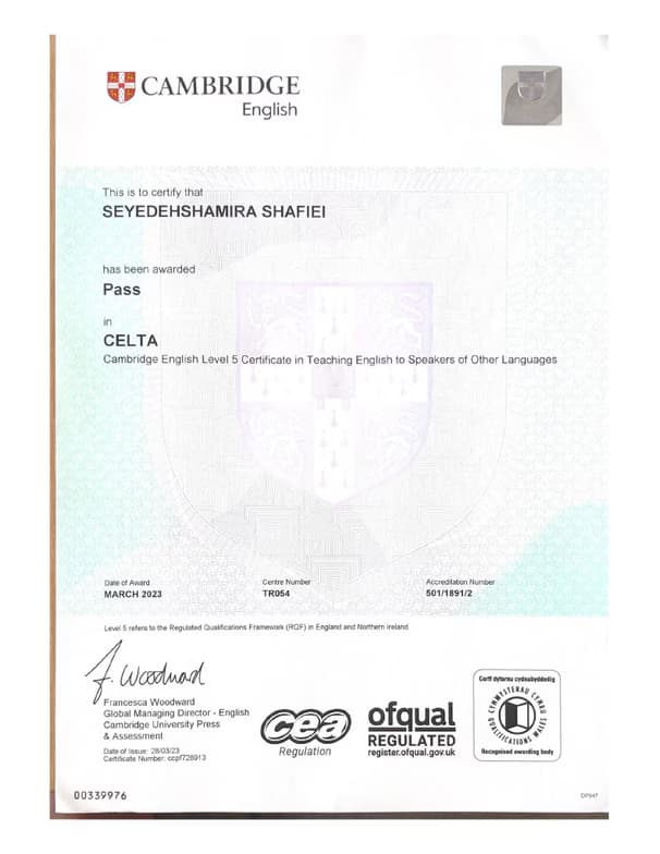 Verified degree or teaching certification of Shamira