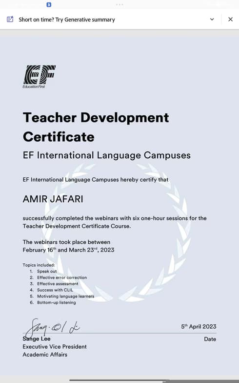 Verified degree or teaching certification of Amir