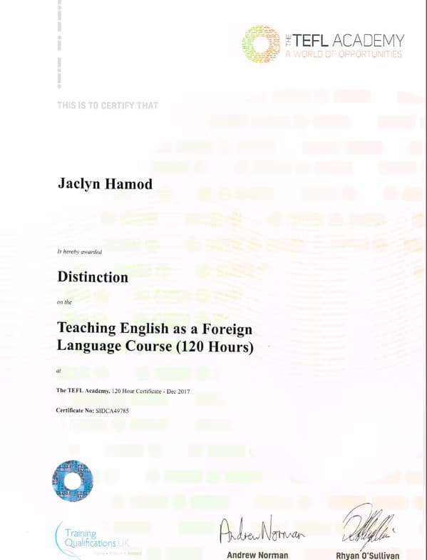 Verified degree or teaching certification of Jackie