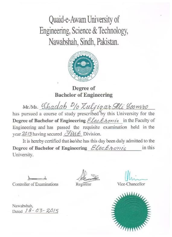 Verified degree or teaching certification of Shadab