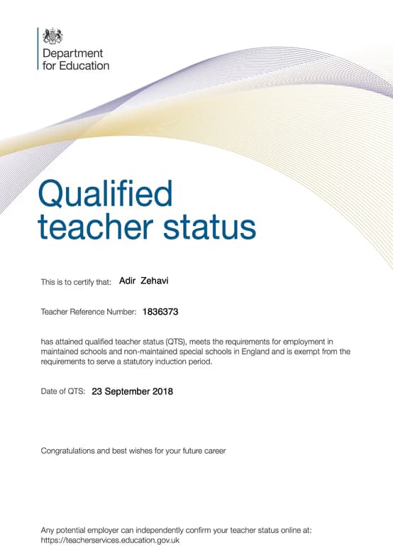 Verified degree or teaching certification of Adir