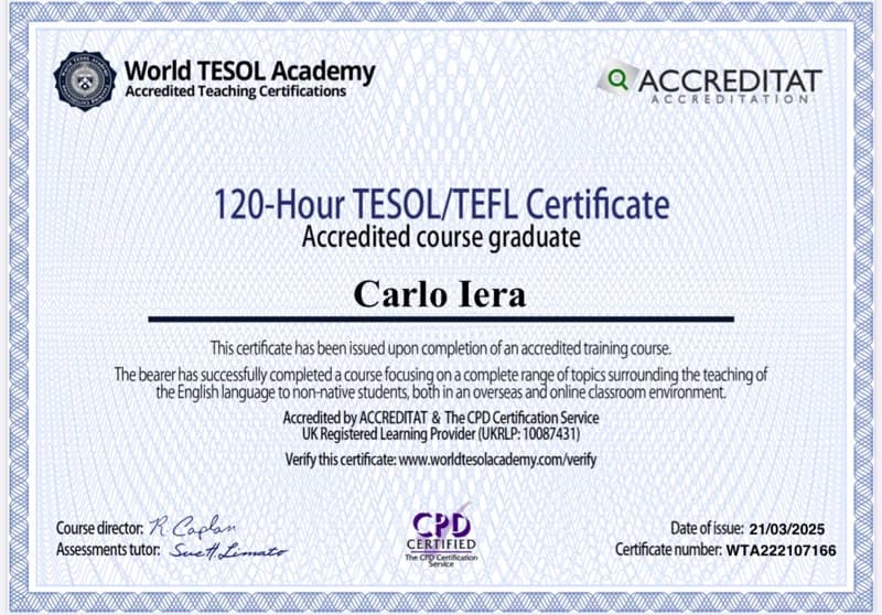 Verified degree or teaching certification of Carlo
