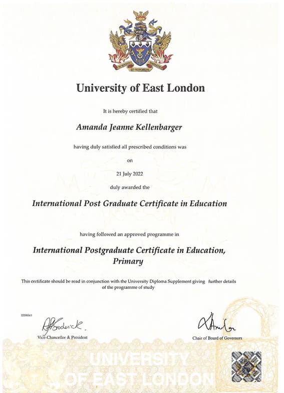 Verified degree or teaching certification of Amanda