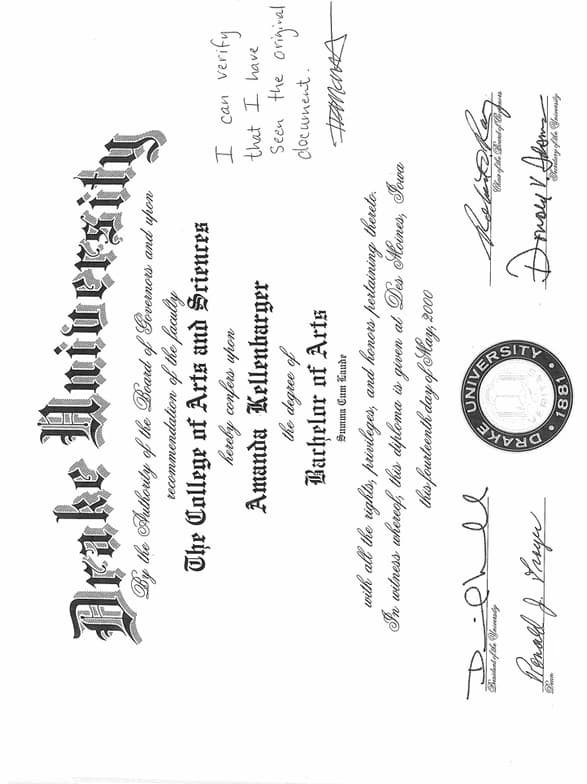 Verified degree or teaching certification of Amanda