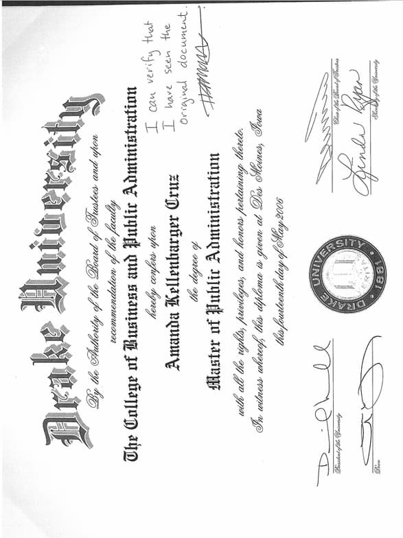 Verified degree or teaching certification of Amanda