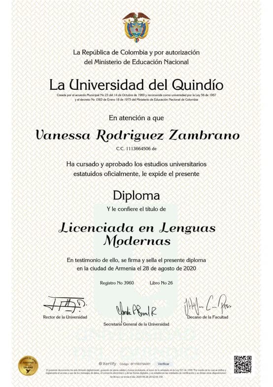 Verified degree or teaching certification of Vanessa