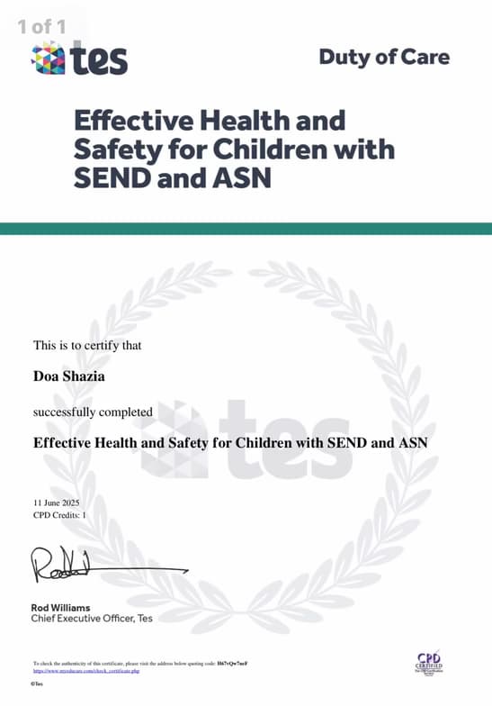 Verified degree or teaching certification of Doa