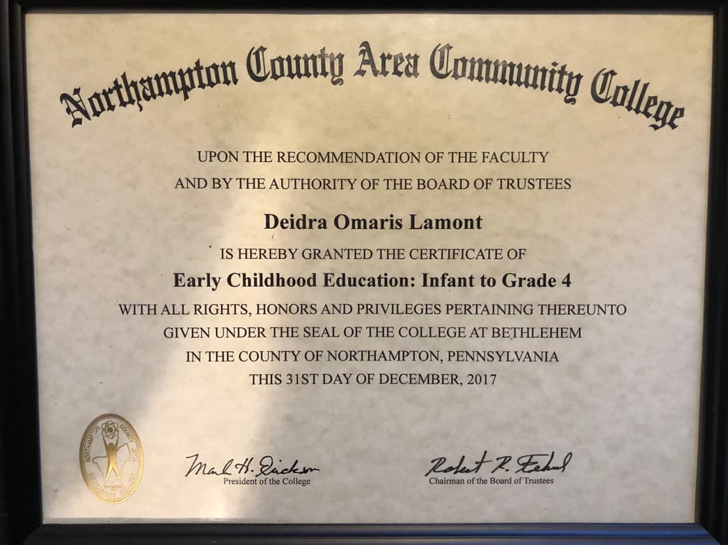 Verified degree or teaching certification of Deidra