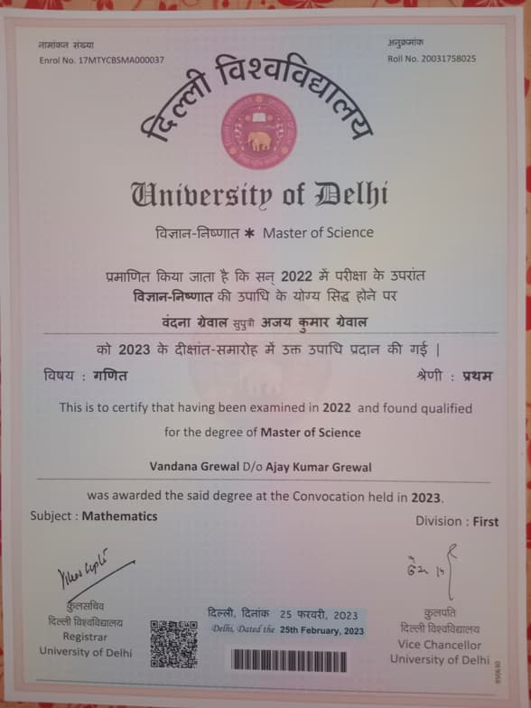 Verified degree or teaching certification of Vandana