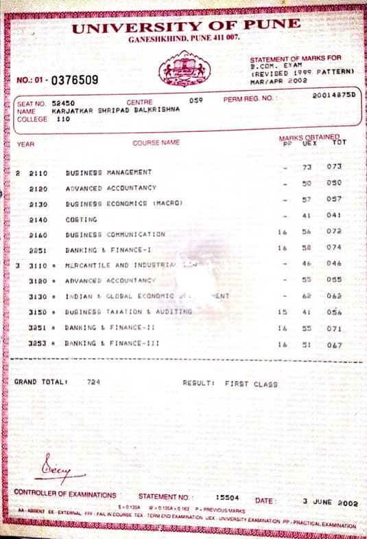 Verified degree or teaching certification of Dr Shripad