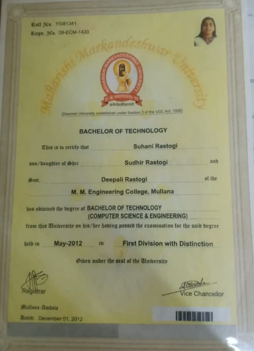 Verified degree or teaching certification of Suhani