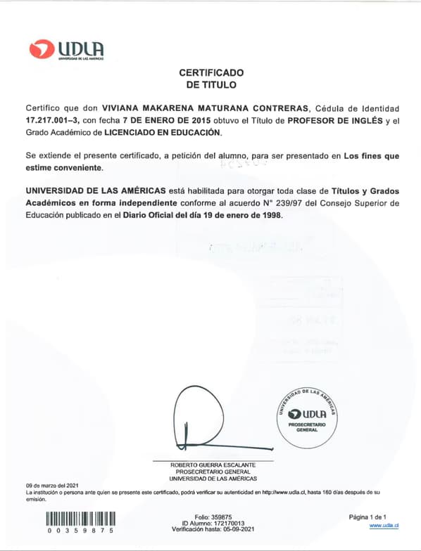 Verified degree or teaching certification of Viviana