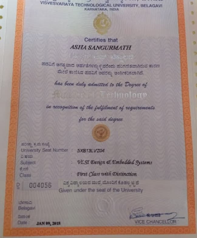 Verified degree or teaching certification of Asha Somashekharayya