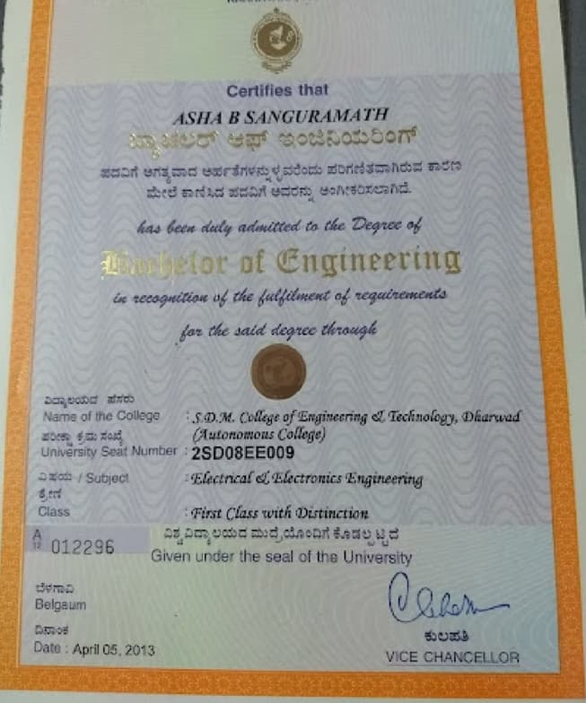 Verified degree or teaching certification of Asha Somashekharayya