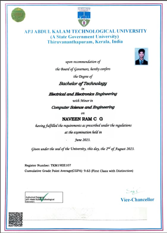 Verified degree or teaching certification of Naveen