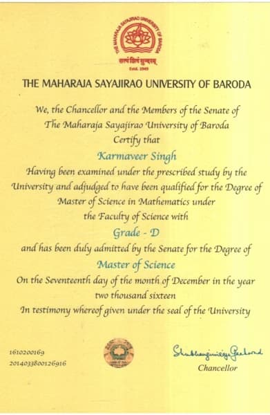 Verified degree or teaching certification of Karmaveer