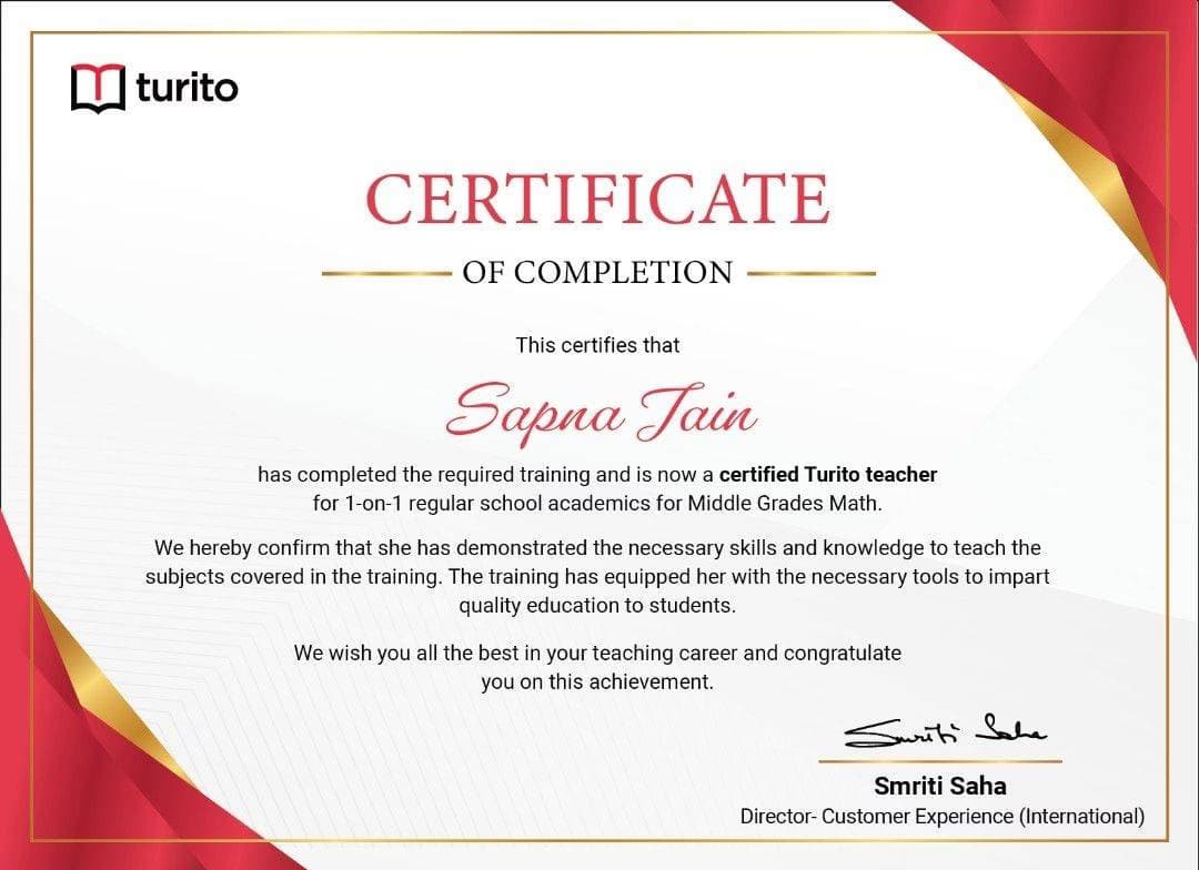 Verified degree or teaching certification of Sapna