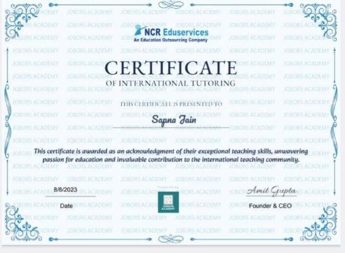 Verified degree or teaching certification of Sapna