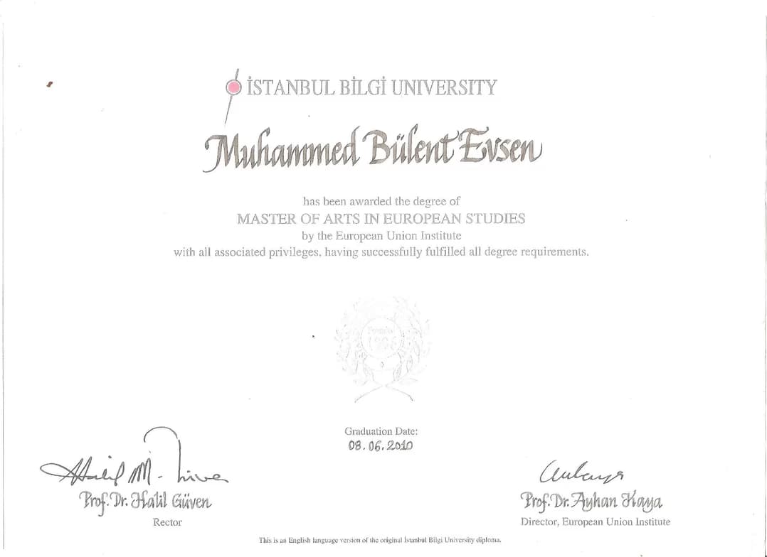 Verified degree or teaching certification of Bulent