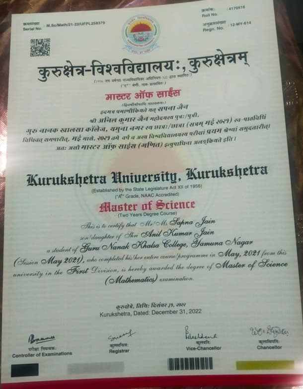 Verified degree or teaching certification of Sapna