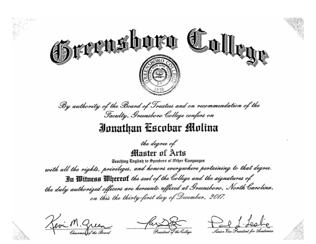 Verified degree or teaching certification of Jonathan