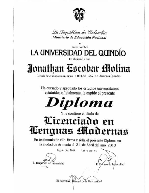 Verified degree or teaching certification of Jonathan