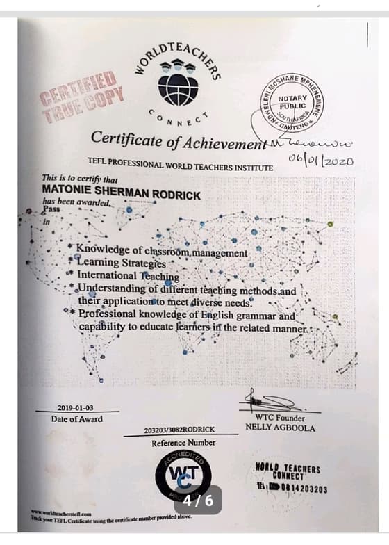 Verified degree or teaching certification of Sherman