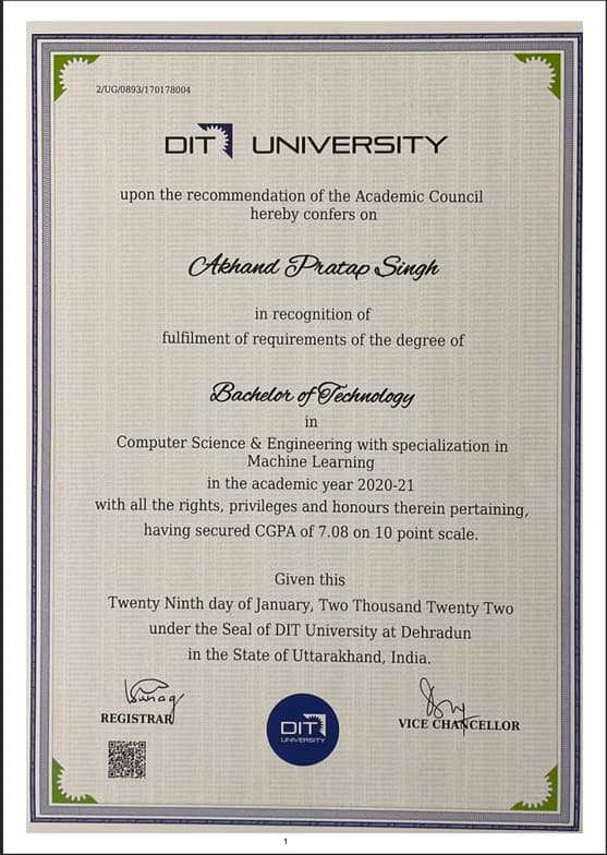 Verified degree or teaching certification of Akhand