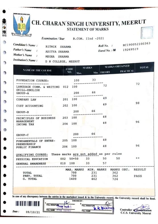 Verified degree or teaching certification of Ritwik