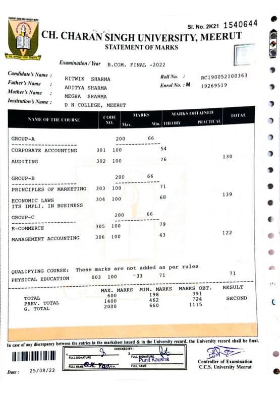 Verified degree or teaching certification of Ritwik