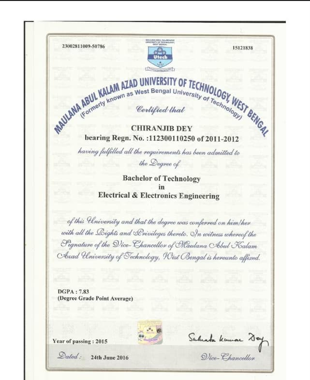 Verified degree or teaching certification of Chiranjib