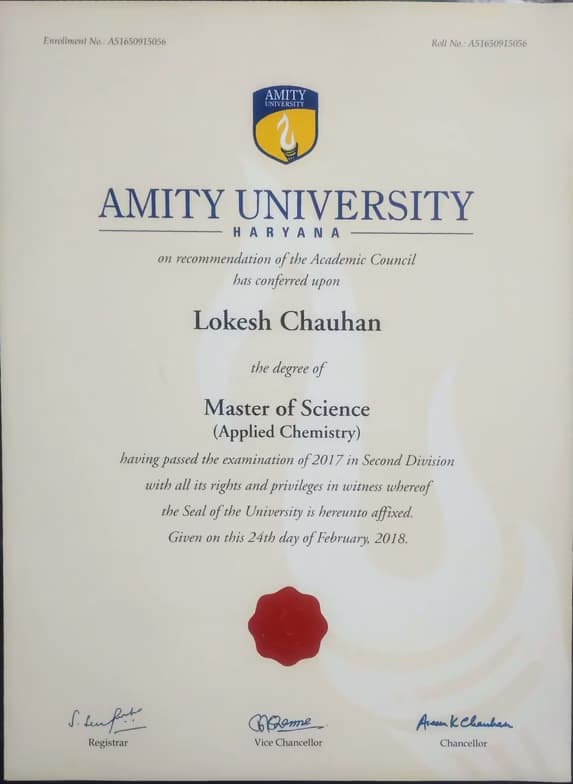 Verified degree or teaching certification of Lokesh
