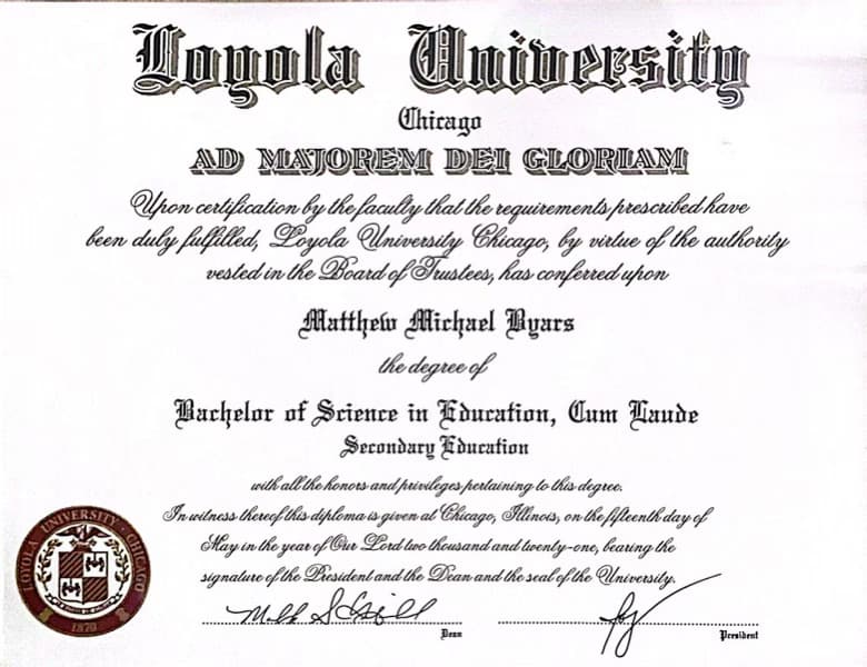Verified degree or teaching certification of Matt