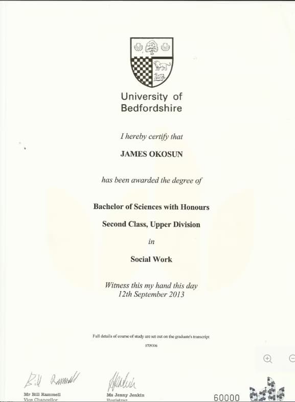 Verified degree or teaching certification of James