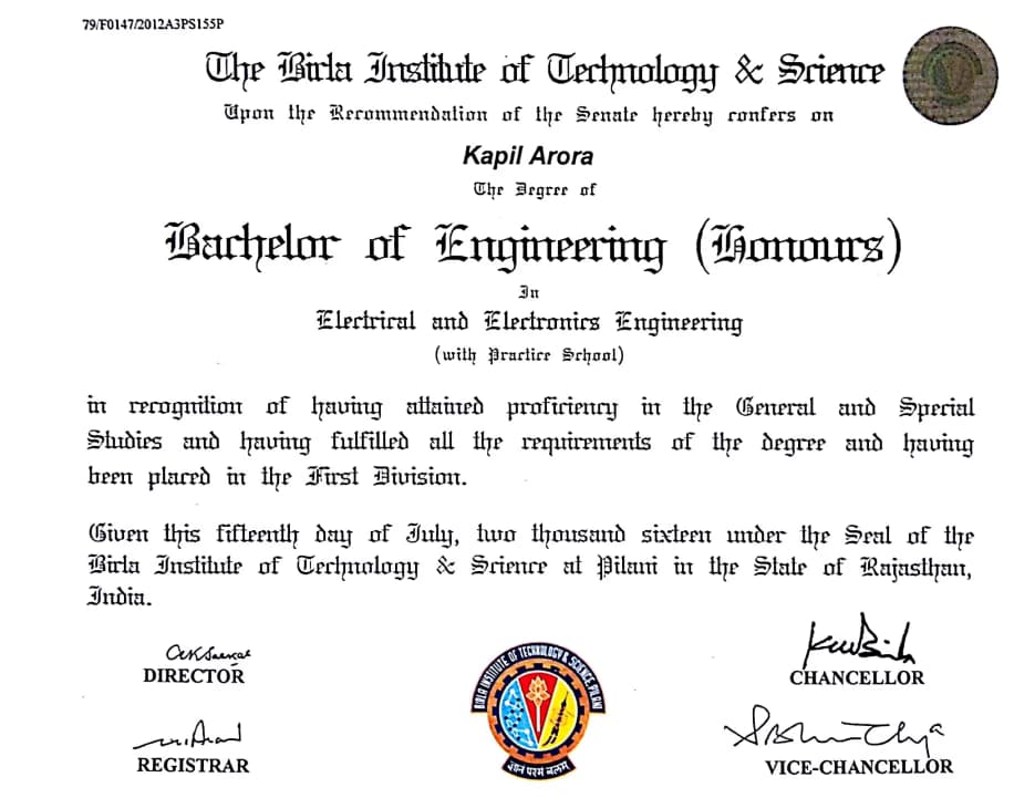 Verified degree or teaching certification of Kapil