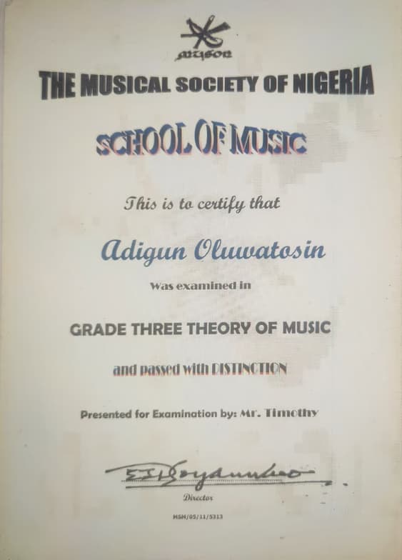 Verified degree or teaching certification of Oluwatosin