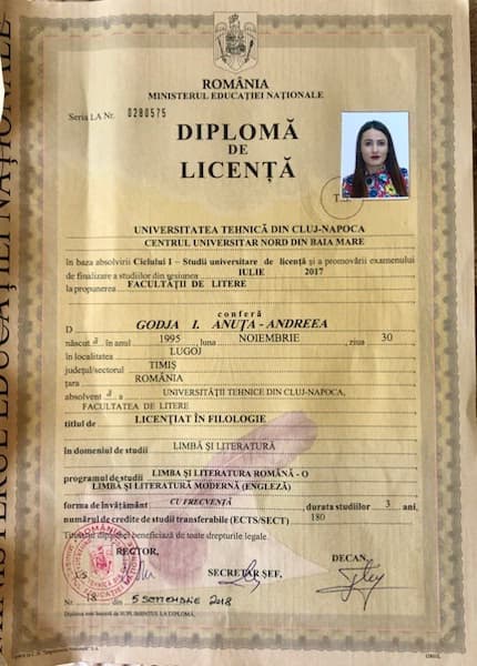Verified degree or teaching certification of Andreea